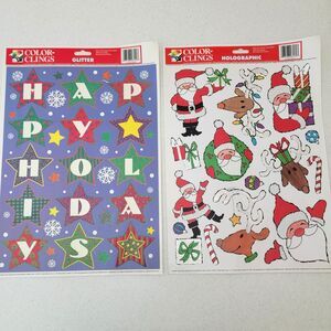 Vintage Color Clings Christmas Window Decorations Santa Reindeer 2 Sheets